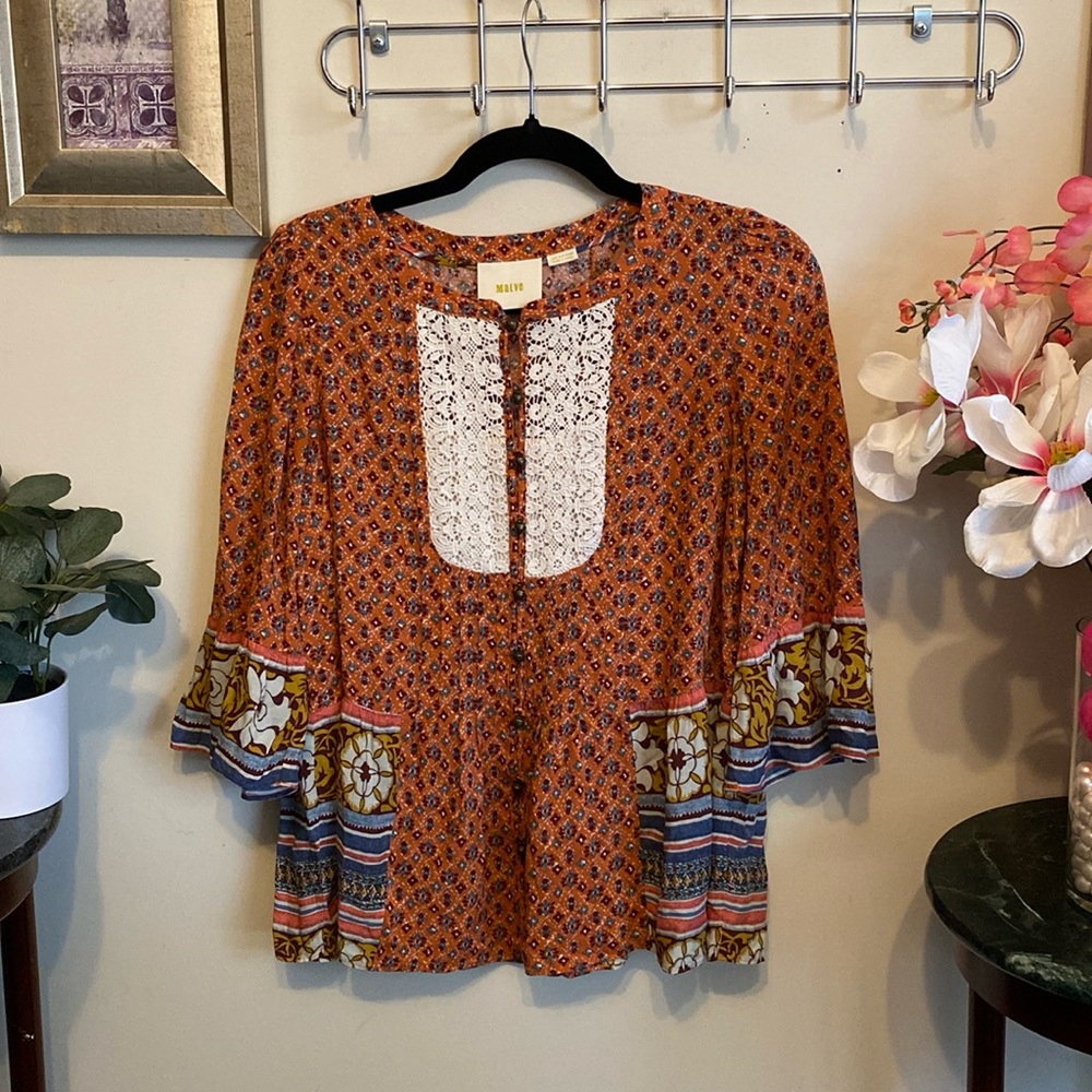 Maeve by Anthropologie Button Top w/Lace, 3/4 Sleeves, lightweight Sz M or L.